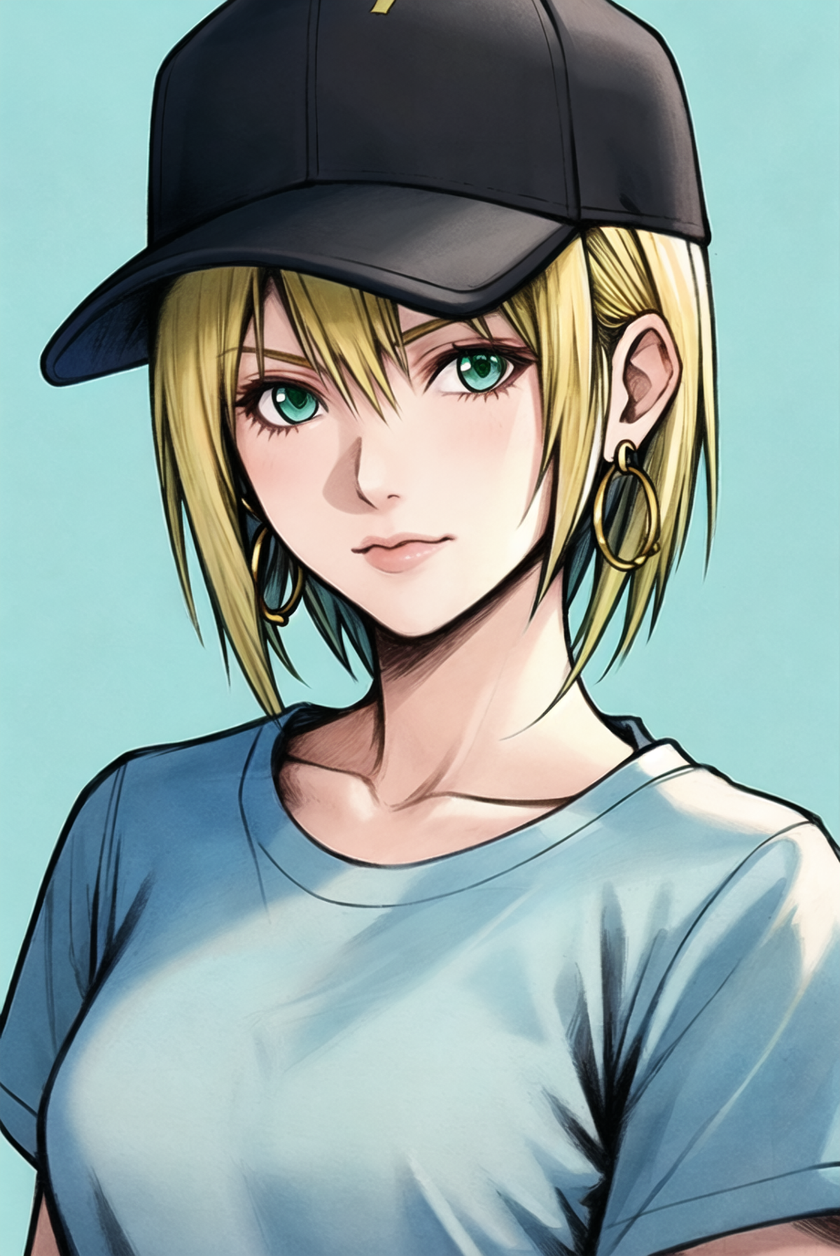 nomura tetsuya, masterpiece, best quality, 1girl, aqua eyes, baseball cap, blonde hair, closed mouth, earrings, green back...